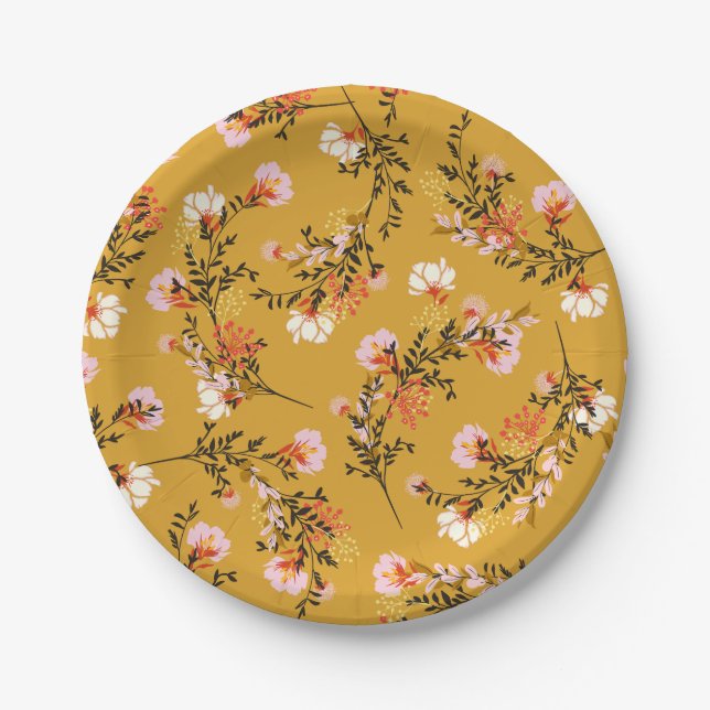 Yellow background flowers paper plates (Front)