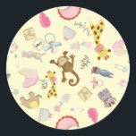 Yellow Background Toys 1" or 3" Baby Classic Round Sticker<br><div class="desc">A yellow background covered with baby toys,  monkey,  pajamas,  shoe,  block,  flowers,  train,  clothesline with clothes,  etc.</div>