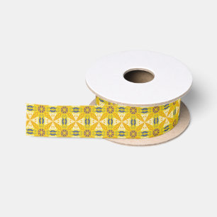 Yellow background with an intricate, symmetrical  satin ribbon