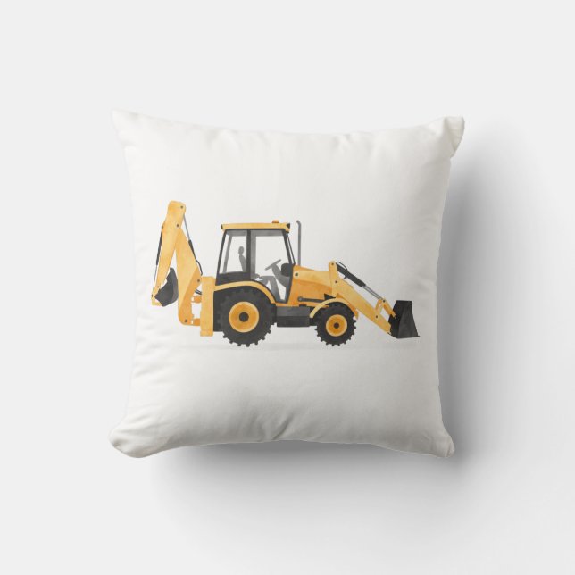 Yellow Backhoe Construction Vehicle Boys Room Throw Pillow (Front)