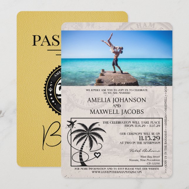 Yellow Bahamas Passport Wedding Invitation (Front/Back)