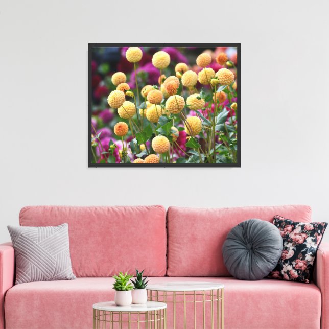 Yellow Ball Dahlias Floral Canvas Print (Insitu(LivingRoom))