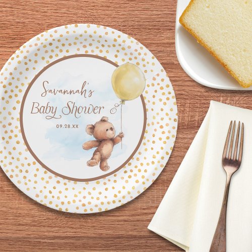 Yellow Balloon  Teddy Bear Baby Shower Paper Plate