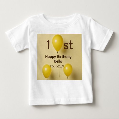 Yellow balloons 1st birthday add name date text baby T_Shirt