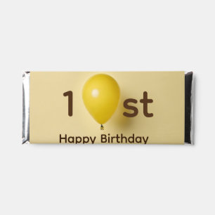 Yellow balloons 1st birthday add name date text hershey bar favors