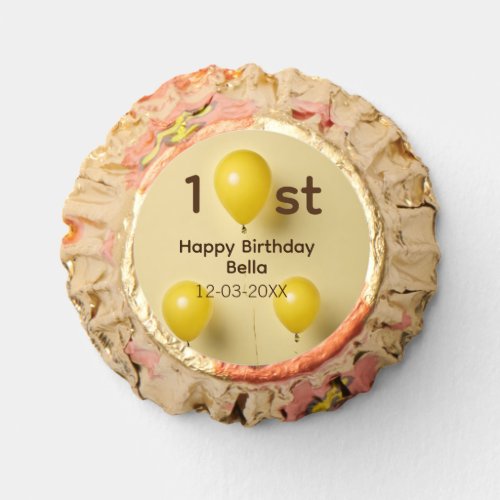 Yellow balloons 1st birthday add name date text reeses peanut butter cups