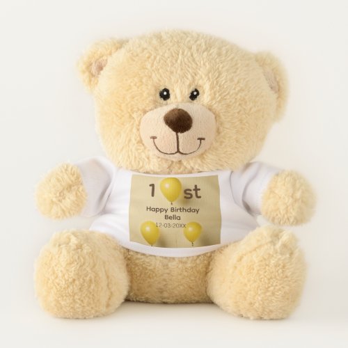 Yellow balloons 1st birthday add name date text teddy bear