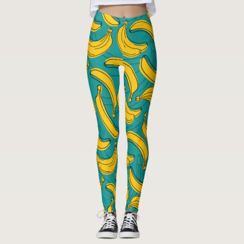 Yellow Banana Black Outline Vintage Leggings