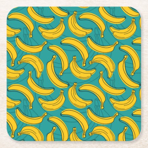 Yellow Banana Black Outline Vintage Square Paper Coaster