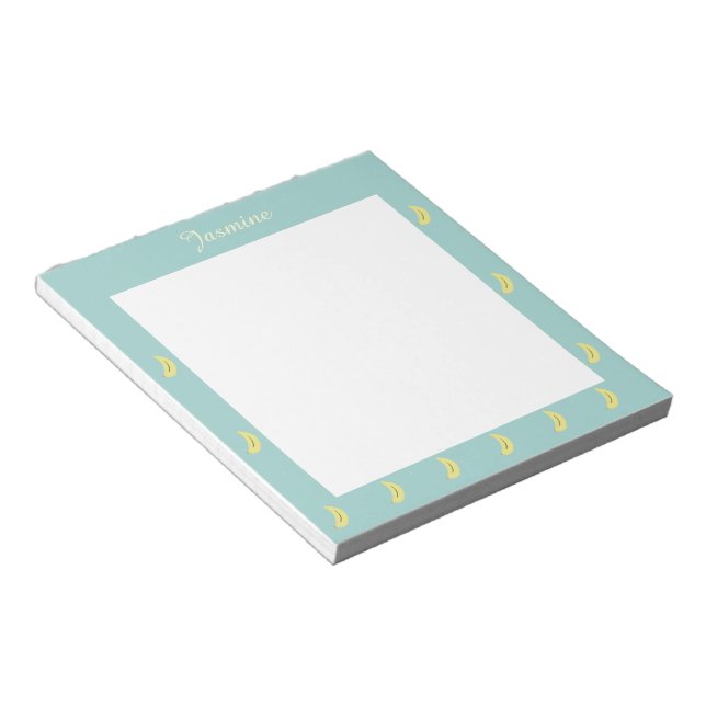 Yellow banana drawing blue pattern personalized notepad (Angled)