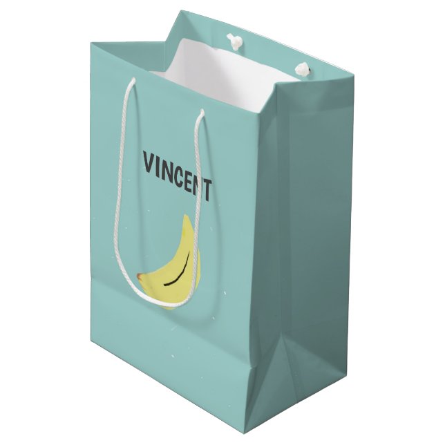 Yellow banana drawing blue personalized medium gift bag (Front Angled)
