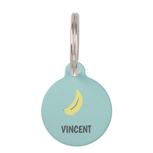 Yellow banana drawing blue personalized pet ID tag (Front)