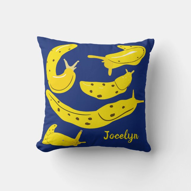 Yellow Banana Slugs on Royal Blue Personalized Throw Pillow (Front)