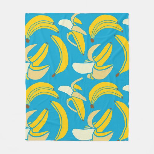 Yellow bananas blue background pattern fleece blanket