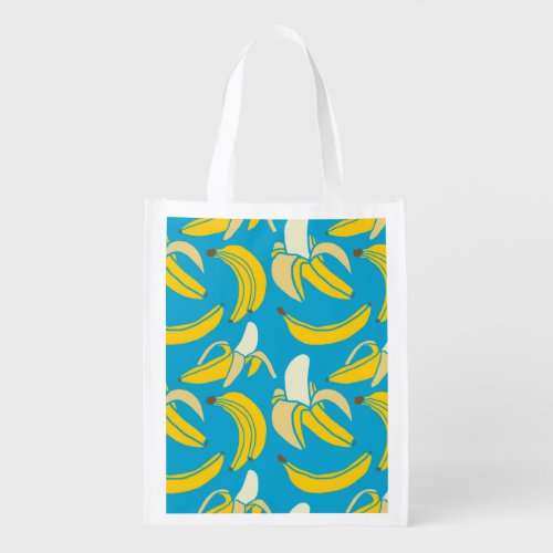 Yellow bananas blue background pattern grocery bag
