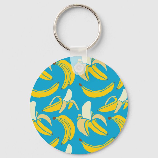 Yellow bananas, blue background pattern keychain (Front)