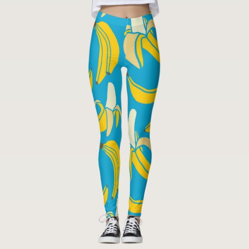 Yellow bananas blue background pattern leggings