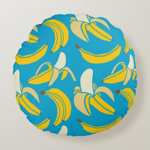 Yellow bananas blue background pattern round pillow