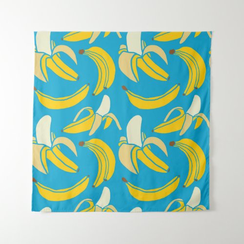 Yellow bananas blue background pattern tapestry