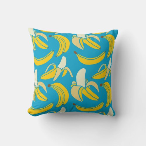 Yellow bananas blue background pattern throw pillow