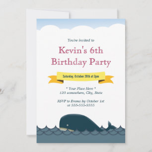 Yellow Banner Blue Whale Birthday Invitations