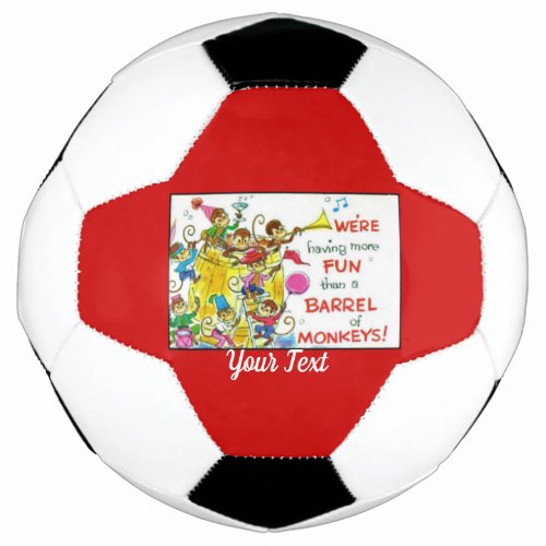 Yellow Barrel of Party Monkeys Horns Balloons Red Soccer Ball