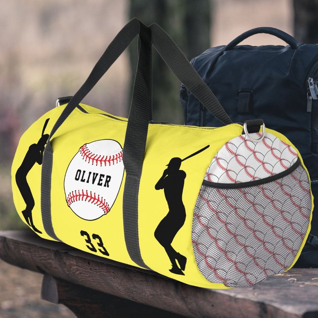 Yellow Baseball Ball Player Silhouette Name  Duffle Bag (Creator Uploaded)