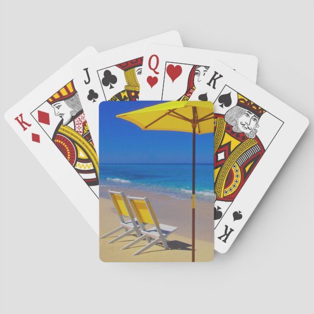 Yellow beach umbrella and chairs on pristine poker cards (Back)