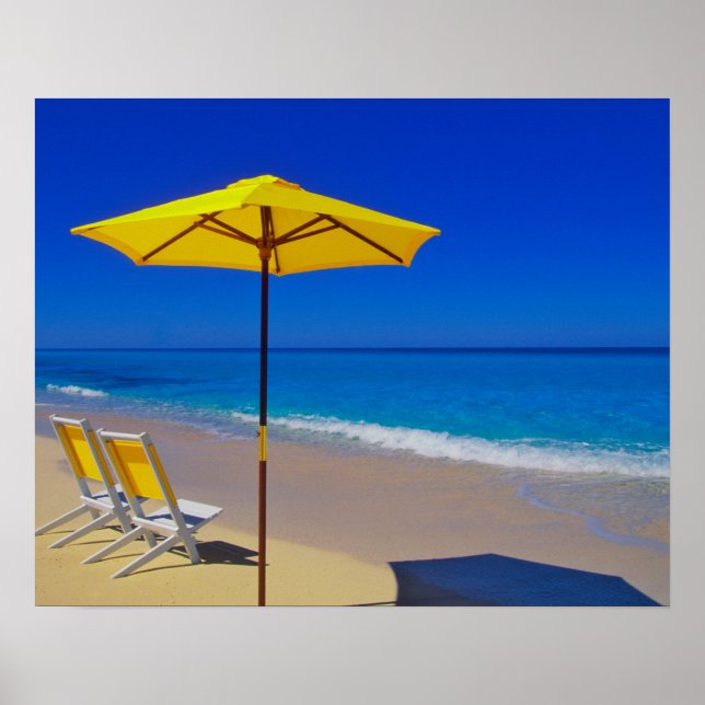 Yellow beach umbrella and chairs on pristine poster (Front)