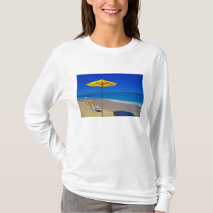 Yellow beach umbrella and chairs on pristine T-Shirt