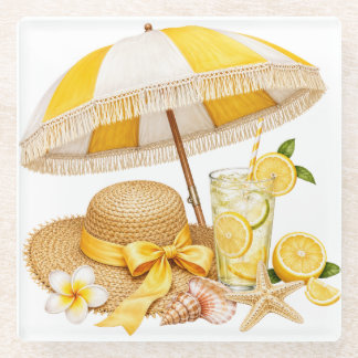 YELLOW BEACH UMBRELLA HAT DRINK FRUIT FLOWERS GLASS COASTER