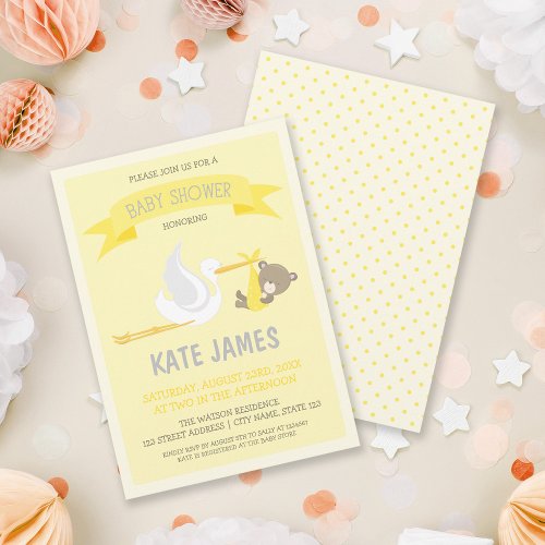 Yellow Bear and Stork Baby Shower Invitation