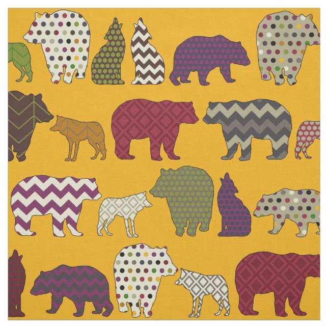 yellow bear wolf geo party fabric (Swatch)