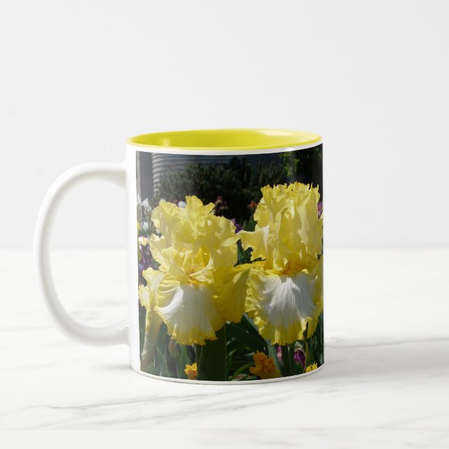Yellow Bearded Iris Irises Flowers floral Two-Tone Coffee Mug (Left)