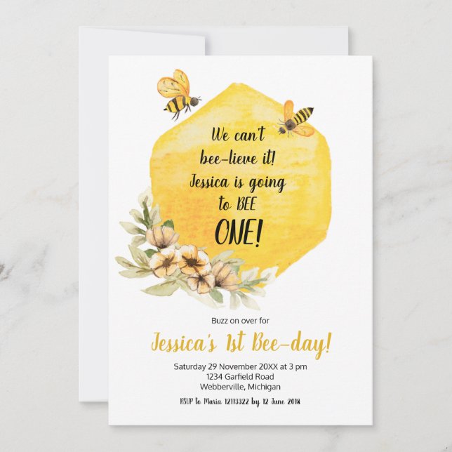 Yellow Bee 1st Birthday Party Invitation (Front)