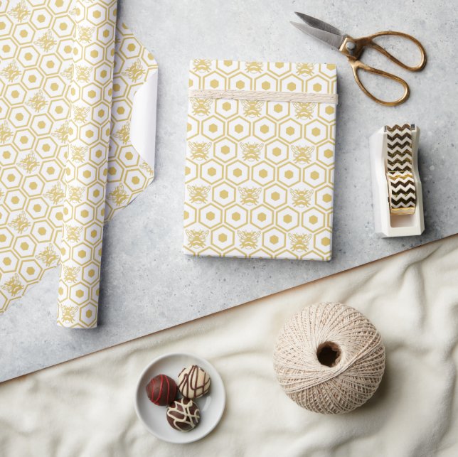 Yellow Bee and Honeycomb Pattern Wrapping Paper (Crafts)