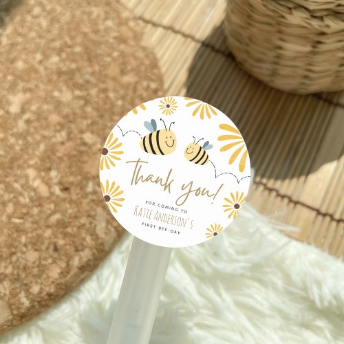 Yellow Bee and Sunflower First Bee_day Thank You Classic Round Sticker