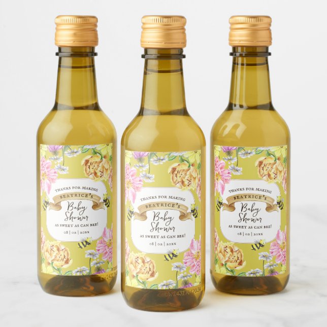 Yellow Bee and Wildflower Baby Shower Favors Wine Label (Bottles)
