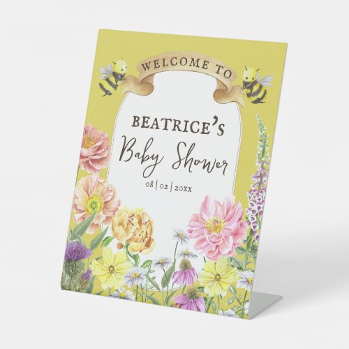 Yellow Bee and Wildflower Baby Shower Welcome Pedestal Sign