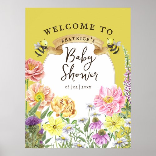 Yellow Bee and Wildflower Baby Shower Welcome Poster