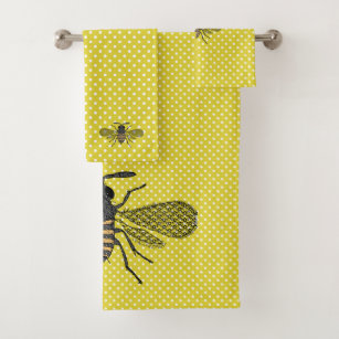 Yellow BEE Decor Vintage Honeybee Graphic Polkadot Bath Towel Set