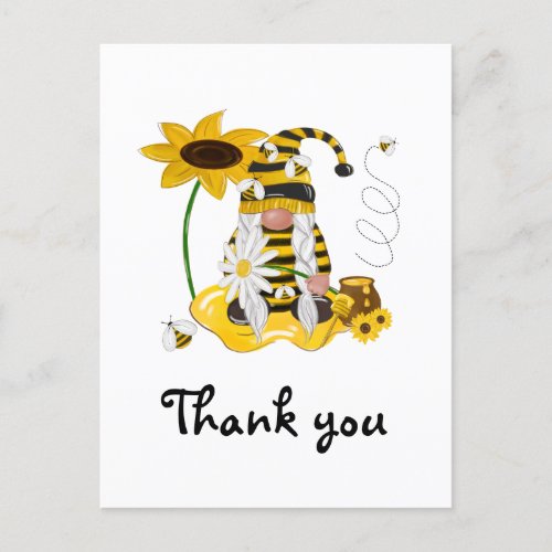 Yellow Bee Gnome Sunflower Thank You Postcard