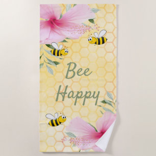 Yellow Bee Happy pink florals Beach Towel