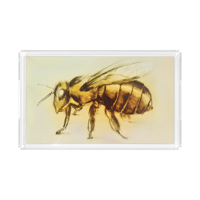 Yellow Bee Serving Tray, Realistic Sketch Acrylic Tray (Front)