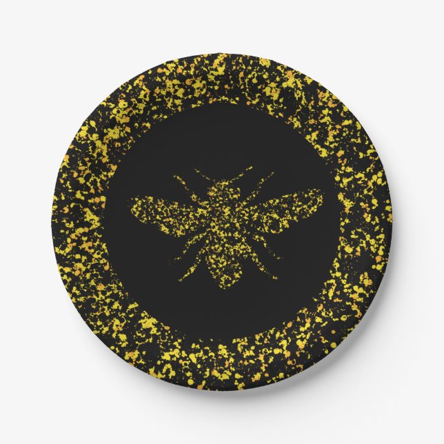 Yellow bee Splattered Paint  Paper Plates (Front)