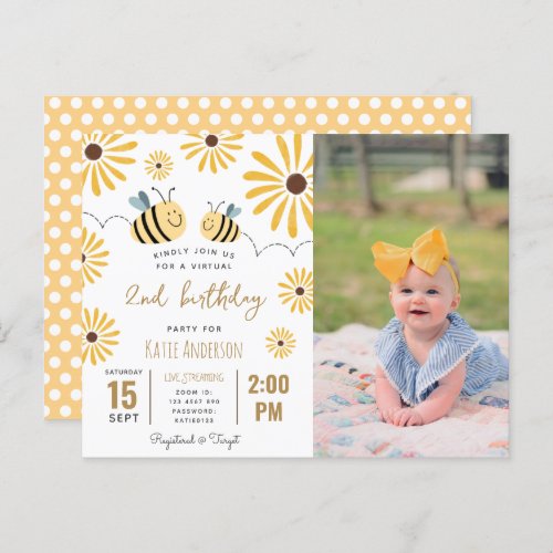 Yellow Bee Sunflower Virtual 2nd Birthday Photo Invitation Postcard