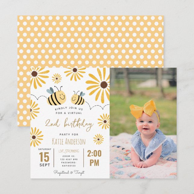 Yellow Bee Sunflower Virtual 2nd Birthday Photo Invitation Postcard (Front/Back)