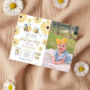 Yellow Bee Sunflower Virtual First Bee-day Photo Invitation Postcard