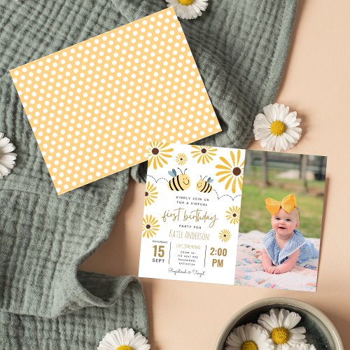 Yellow Bee Sunflower Virtual First Birthday Photo Invitation Postcard