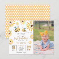 Yellow Bee Sunflower Virtual First Birthday Photo Invitation Postcard
